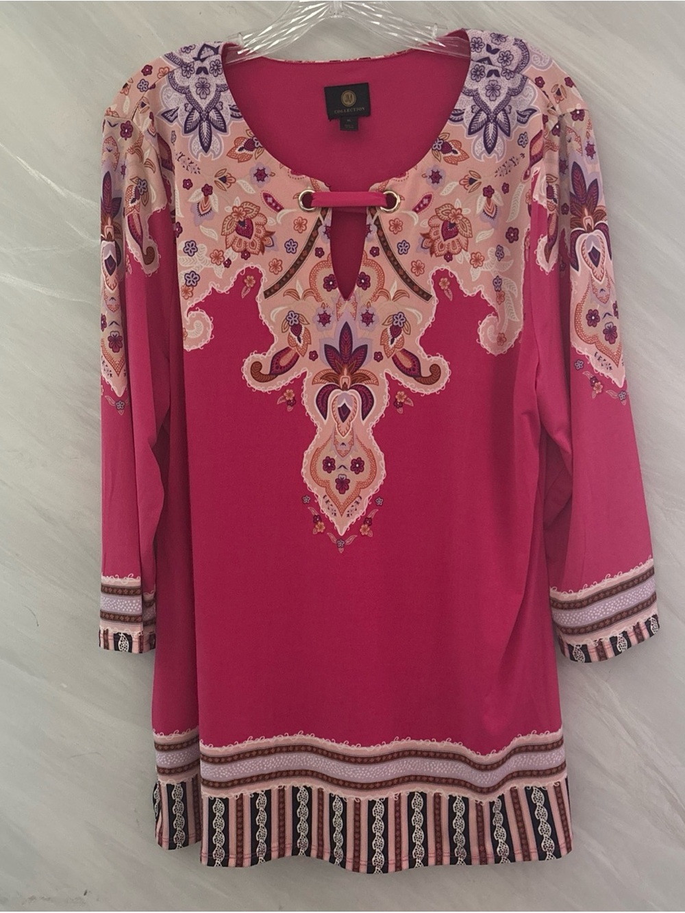 JM Collection Hot Pink Paisley-Print Tunic with Purple and Cream Accents